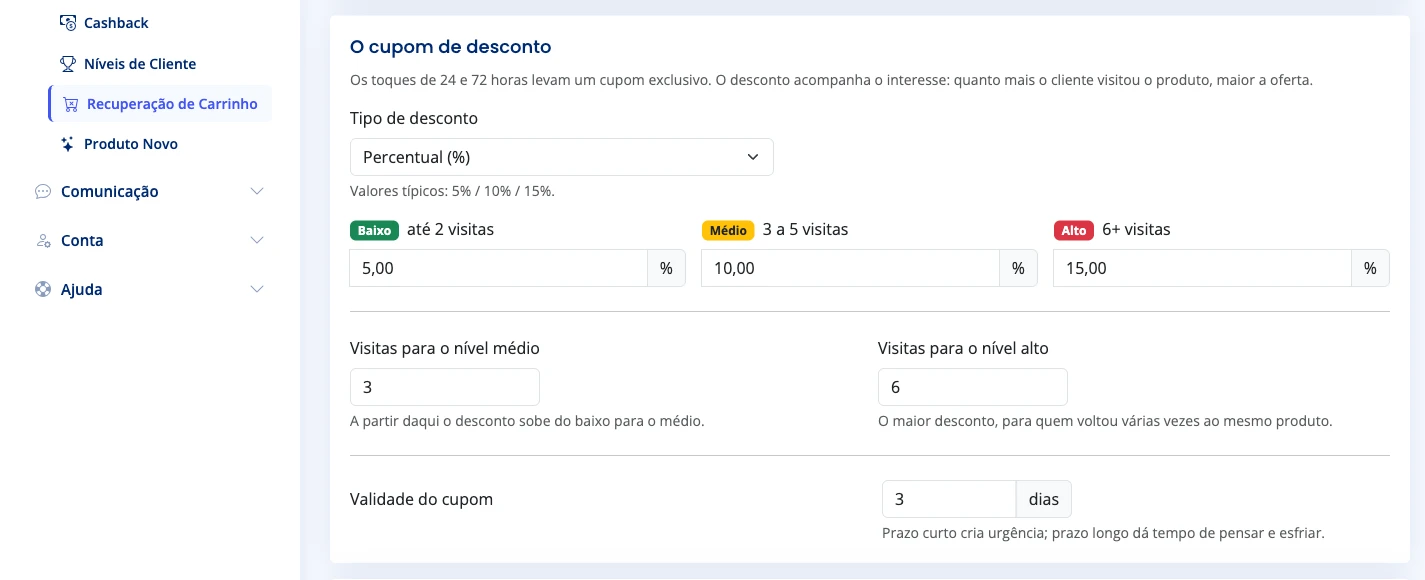 Definições do cupom: 5% para até 2 visitas, 10% de 3 a 5 visitas e 15% para 6 ou mais, com validade de 3 dias