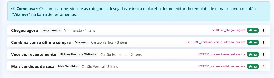 Quatro vitrines configuradas: mais vendidos, últimos vistos, cross-sell e lançamentos, cada uma com seu placeholder para colar no template