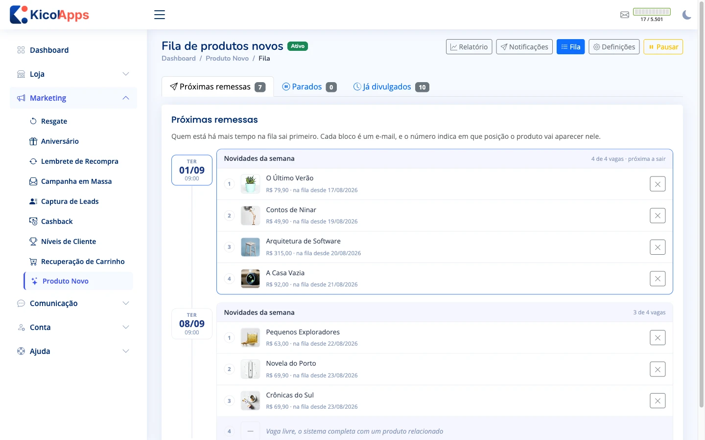 Fila de produtos novos: as próximas remessas com data, horário e a ordem em que cada produto vai aparecer no e-mail