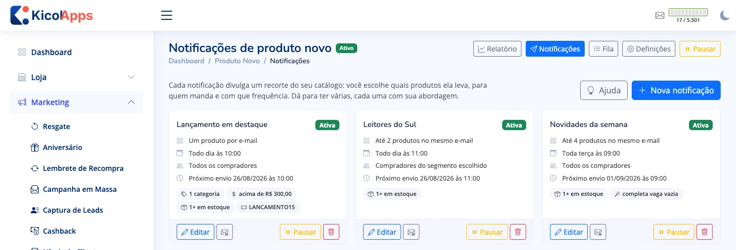 Três notificações configuradas, cada uma com quantidade de produtos, frequência, público e critérios