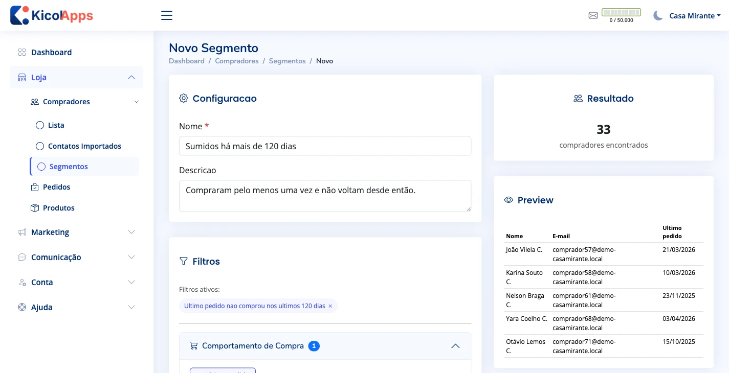 Tela de criação de segmento: filtro de último pedido há mais de 120 dias, resultado de 33 compradores e prévia com nomes e datas